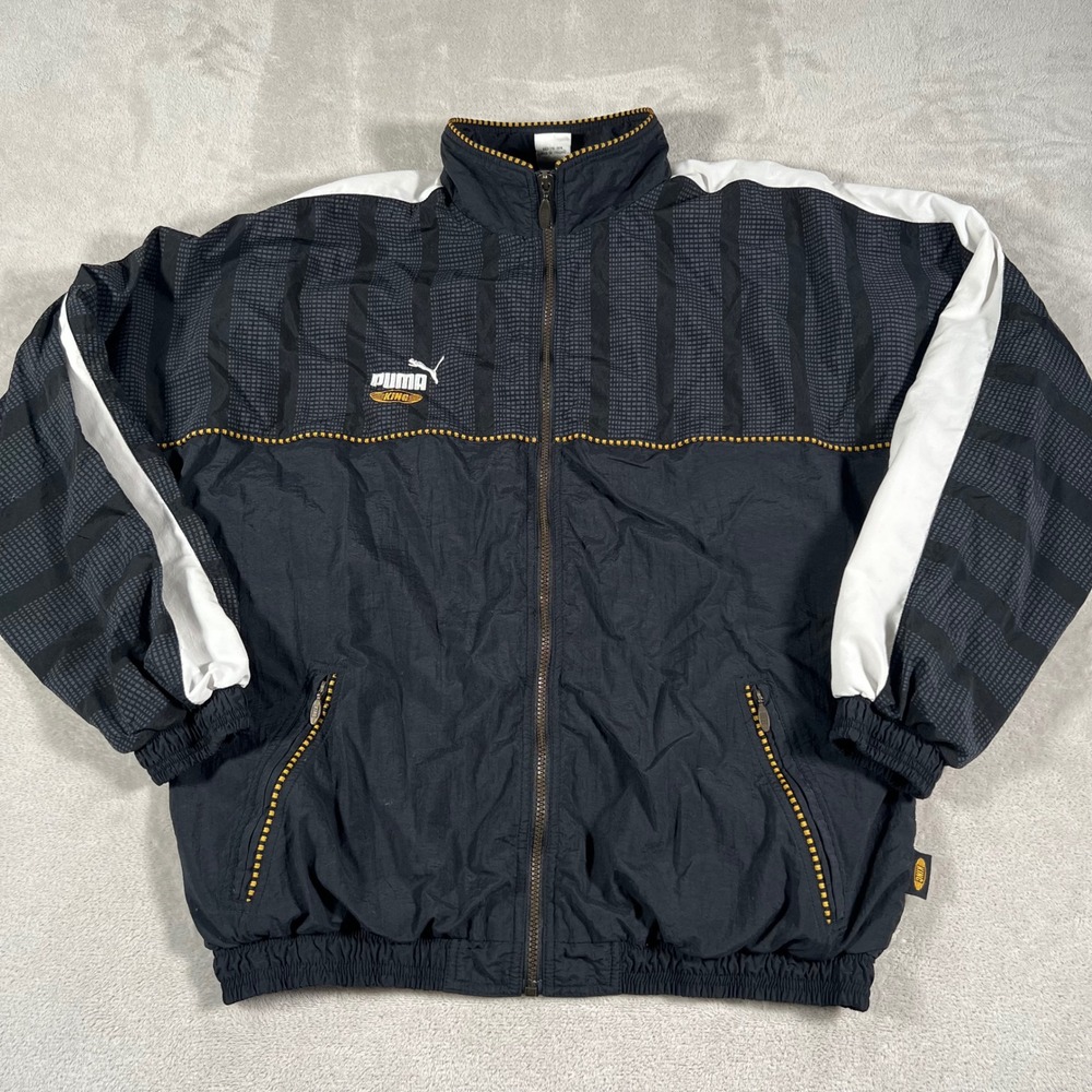 Vintage Puma King Windbreaker Jacket Men's XL Black White Yellow 90s Track Top